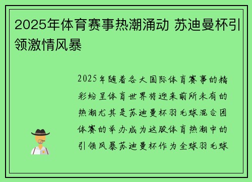2025年体育赛事热潮涌动 苏迪曼杯引领激情风暴